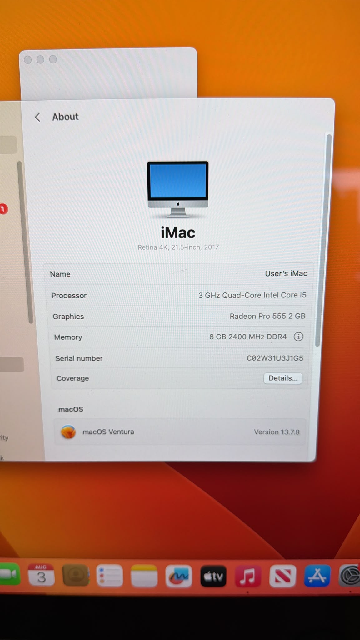 Apple iMac 21,5” Retina 4K 2017 i5 8GB SSD Samsung 250GB – macOS Ventura - JoJòTechRepair
